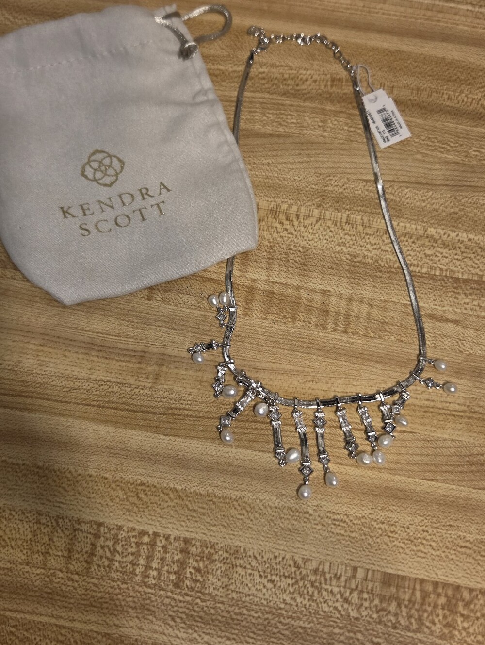 Kendra Scott NWT Silver Rhinestone & Pearl Statement Necklace & Dustbag